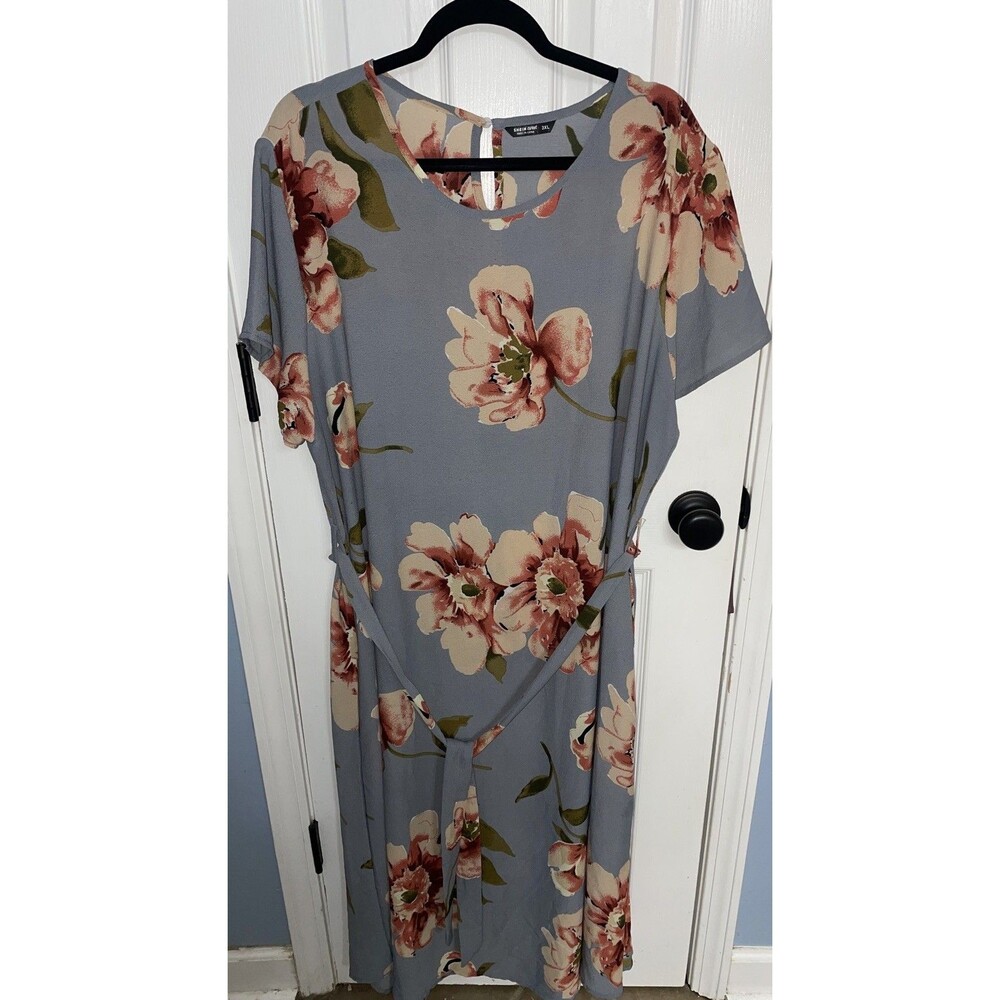 Shein Curve Long Round Neck Tie Belt Floral Dress Womens XXXL Flowy with tie